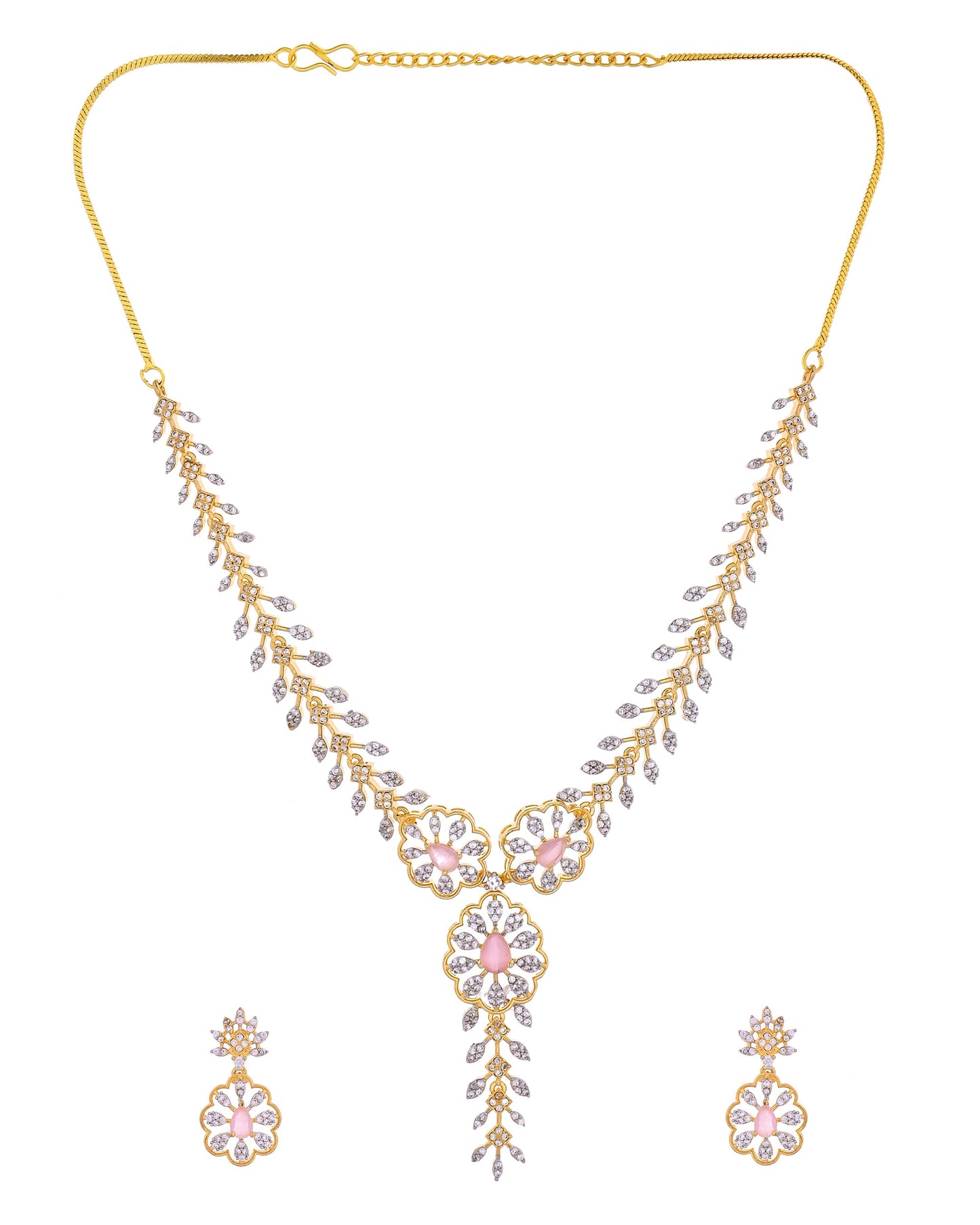VOJ Gold Plated Lead Designed With Baby Pink Stone Ad Jewellery Set