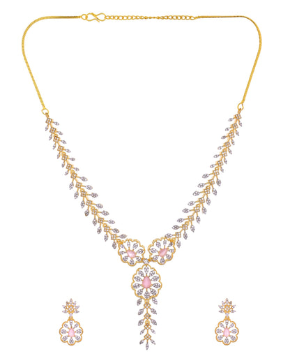 VOJ Gold Plated Lead Designed With Baby Pink Stone Ad Jewellery Set