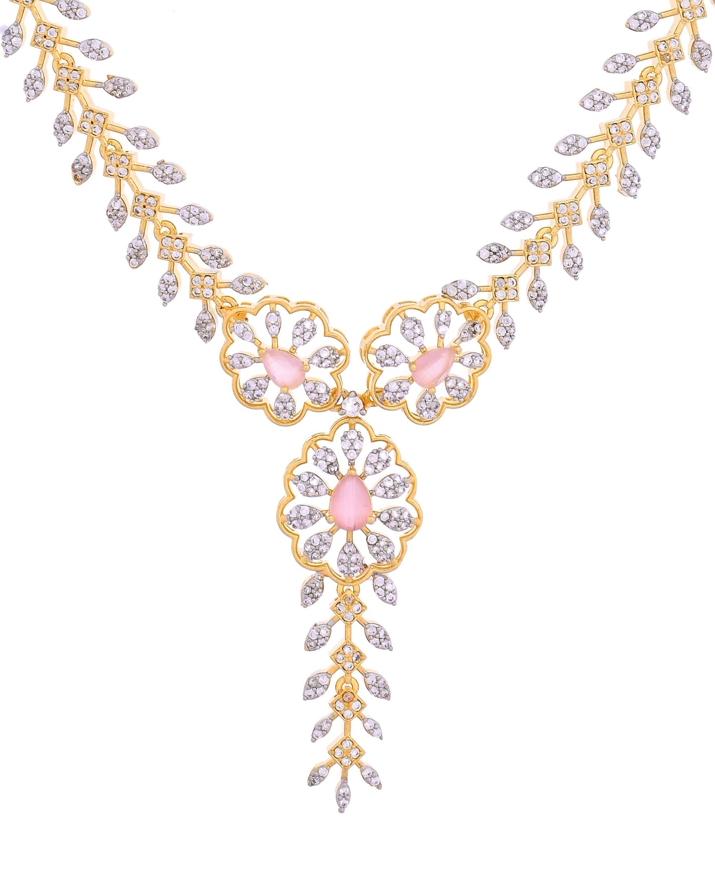 VOJ Gold Plated Lead Designed With Baby Pink Stone Ad Jewellery Set