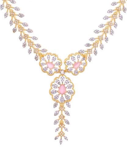 VOJ Gold Plated Lead Designed With Baby Pink Stone Ad Jewellery Set