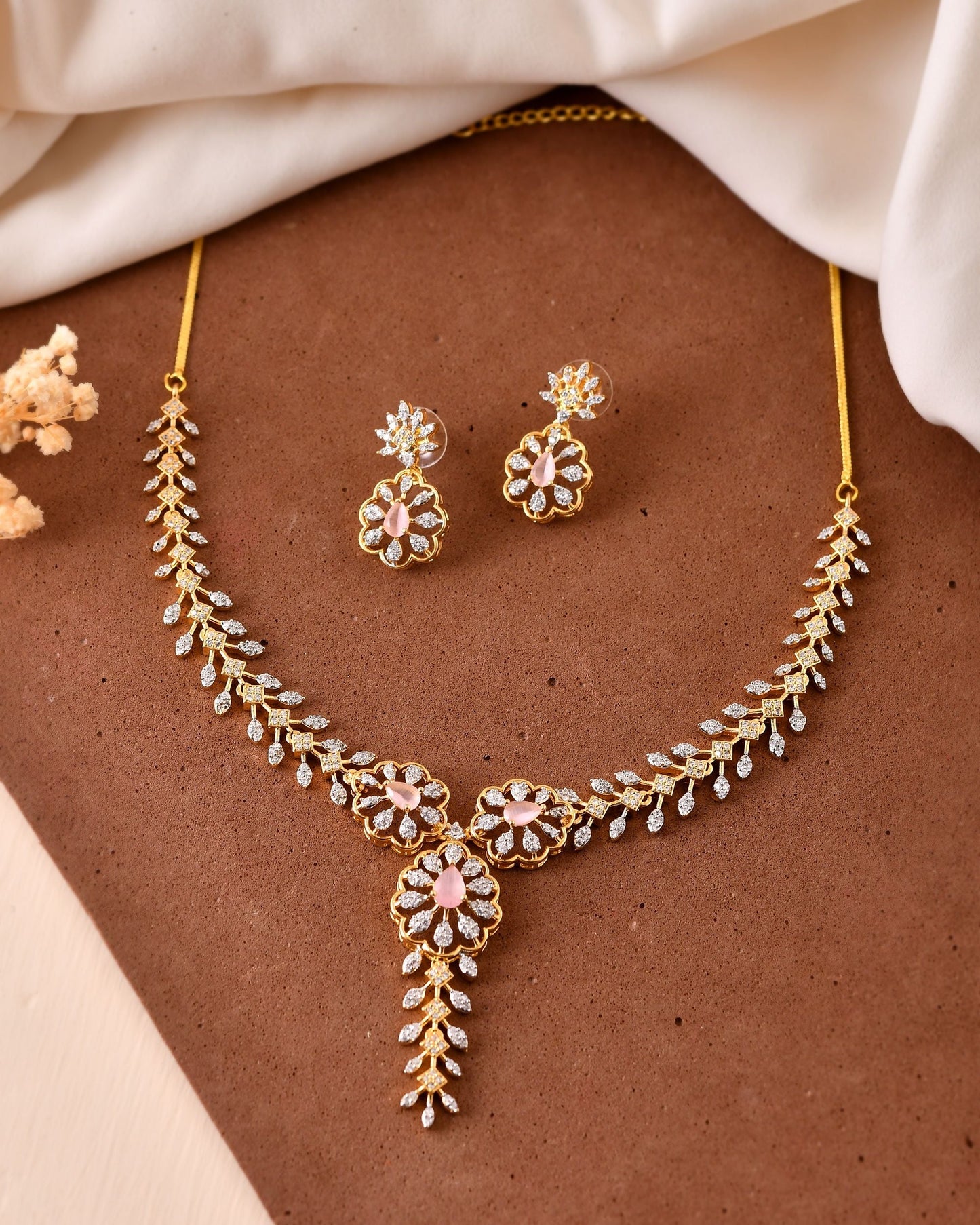 VOJ Gold Plated Lead Designed With Baby Pink Stone Ad Jewellery Set