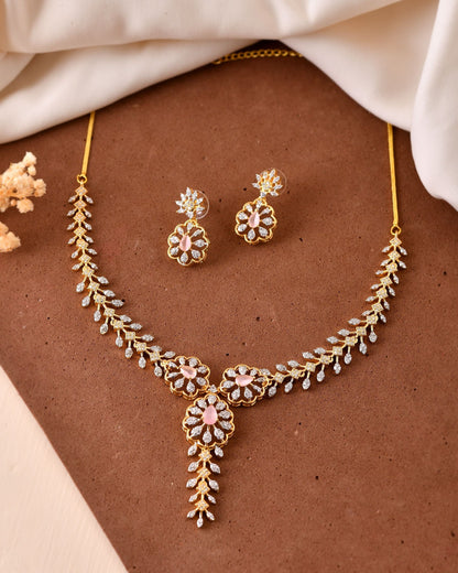 VOJ Gold Plated Lead Designed With Baby Pink Stone Ad Jewellery Set