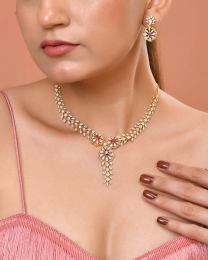 VOJ Gold Plated Lead Designed With Ruby Red Stone Ad Jewellery Set