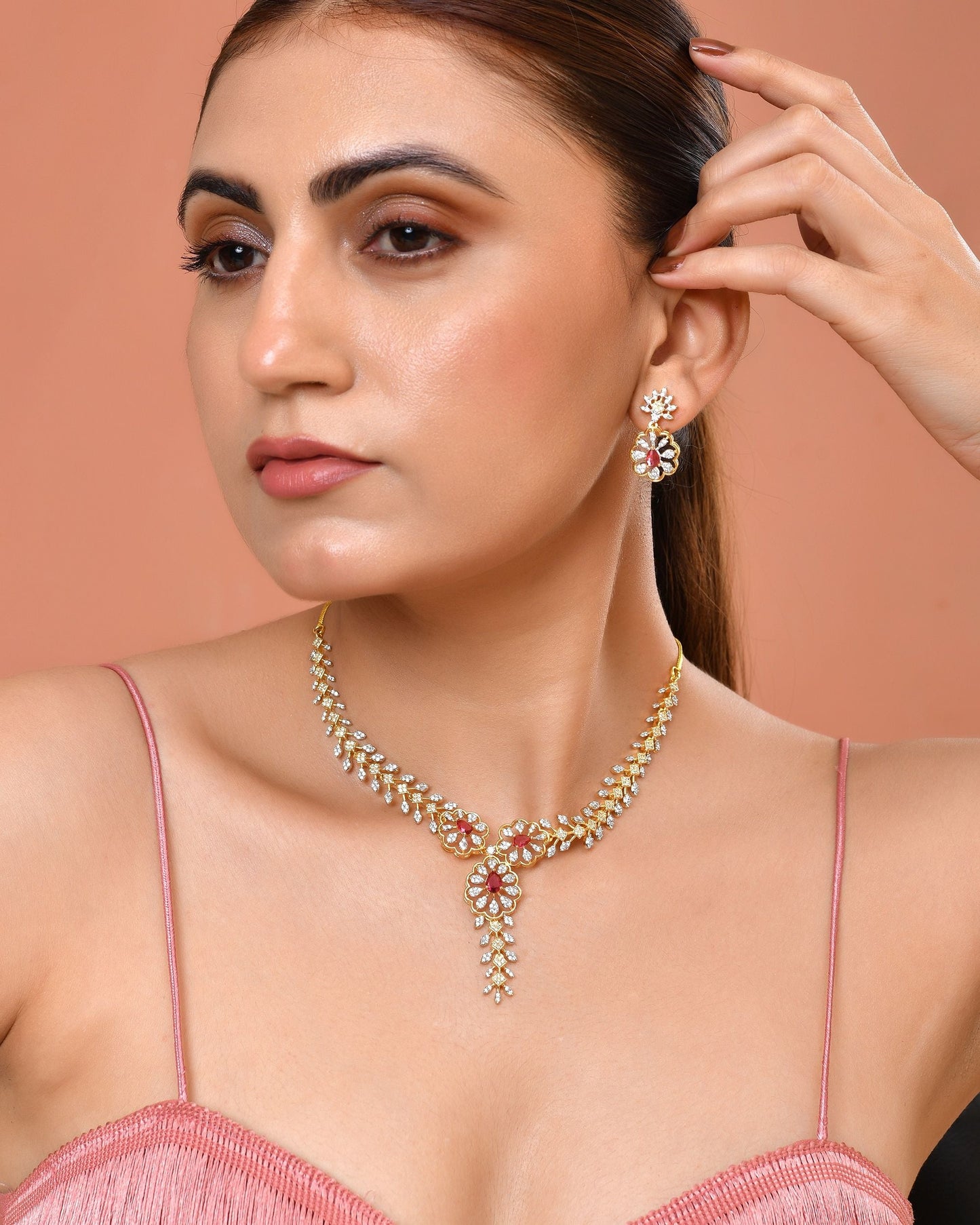 VOJ Gold Plated Lead Designed With Ruby Red Stone Ad Jewellery Set