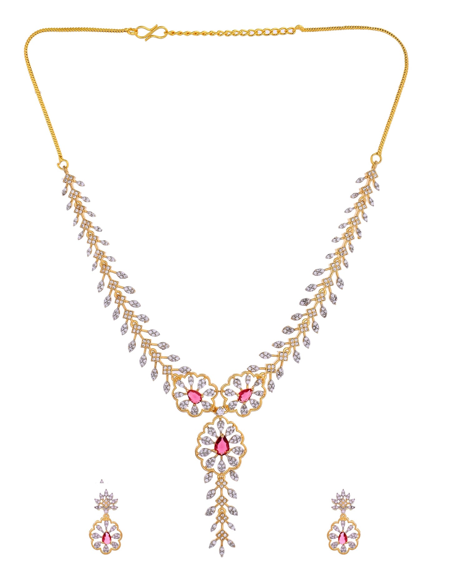 VOJ Gold Plated Lead Designed With Ruby Red Stone Ad Jewellery Set