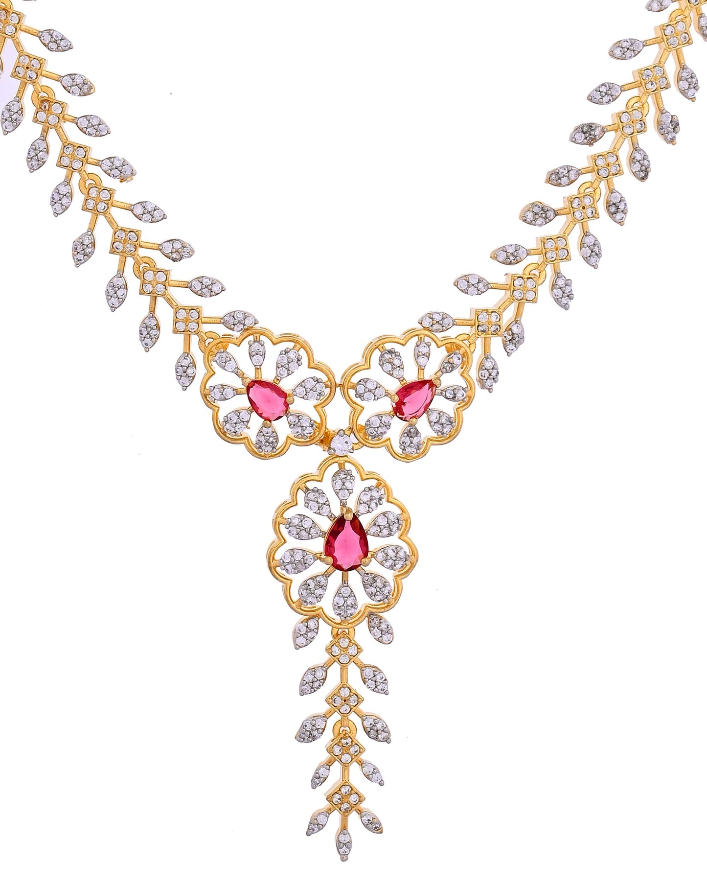 VOJ Gold Plated Lead Designed With Ruby Red Stone Ad Jewellery Set