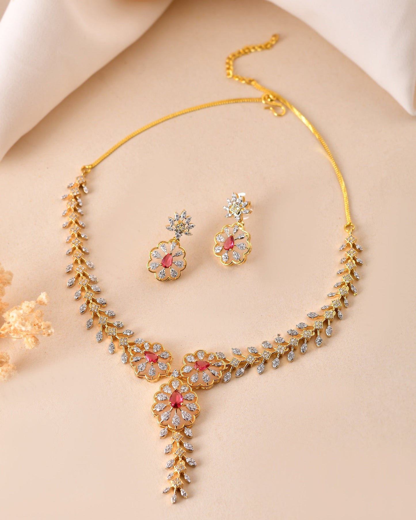 VOJ Gold Plated Lead Designed With Ruby Red Stone Ad Jewellery Set