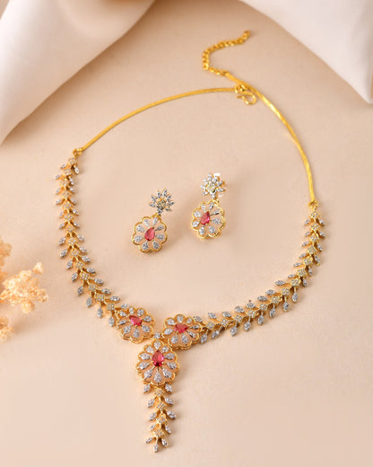 VOJ Gold Plated Lead Designed With Ruby Red Stone Ad Jewellery Set