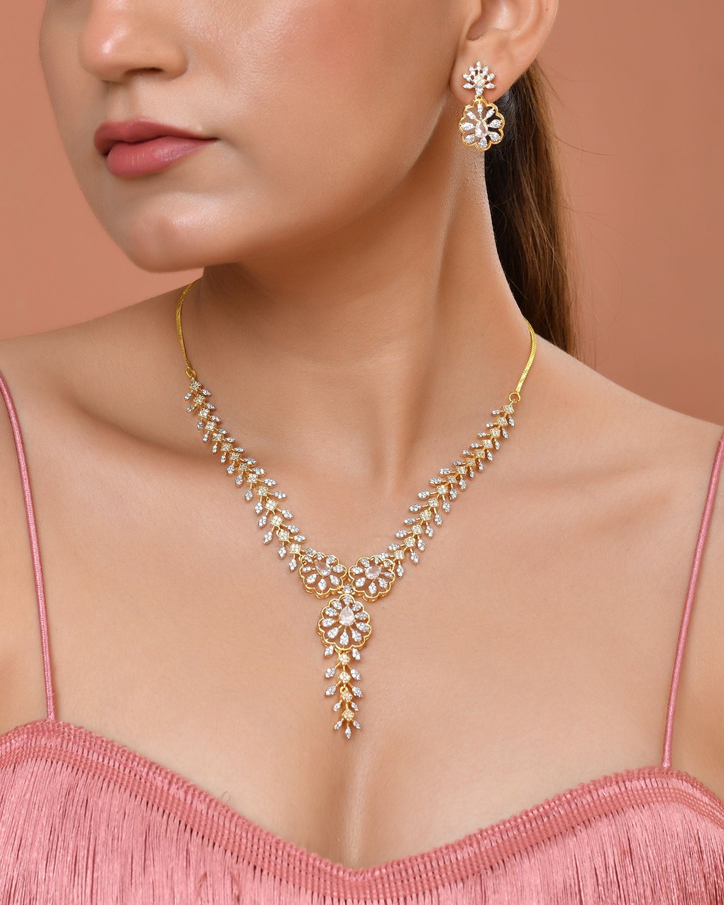 VOJ Gold Plated Lead Designed With White Stone Ad Jewellery Set