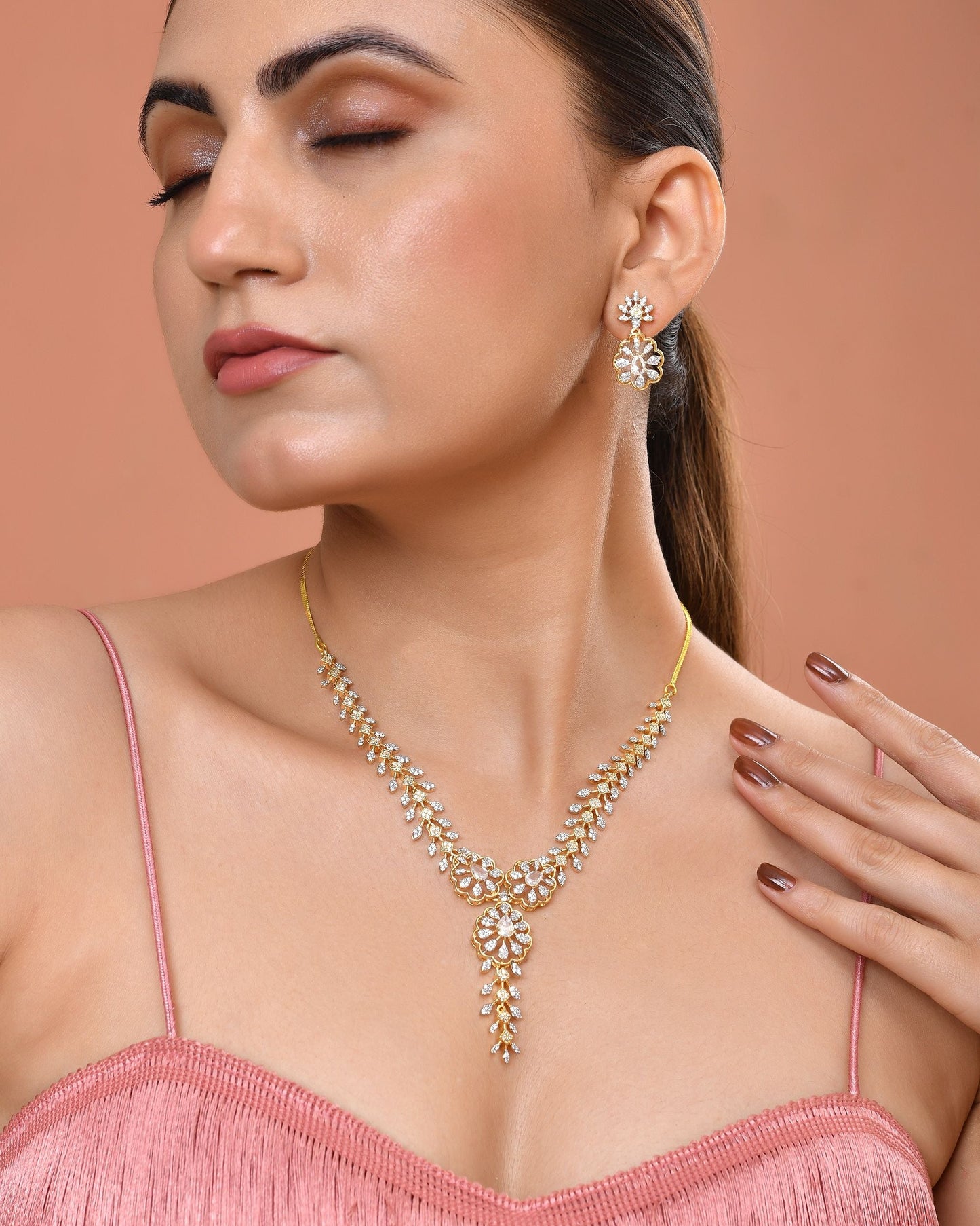 VOJ Gold Plated Lead Designed With White Stone Ad Jewellery Set