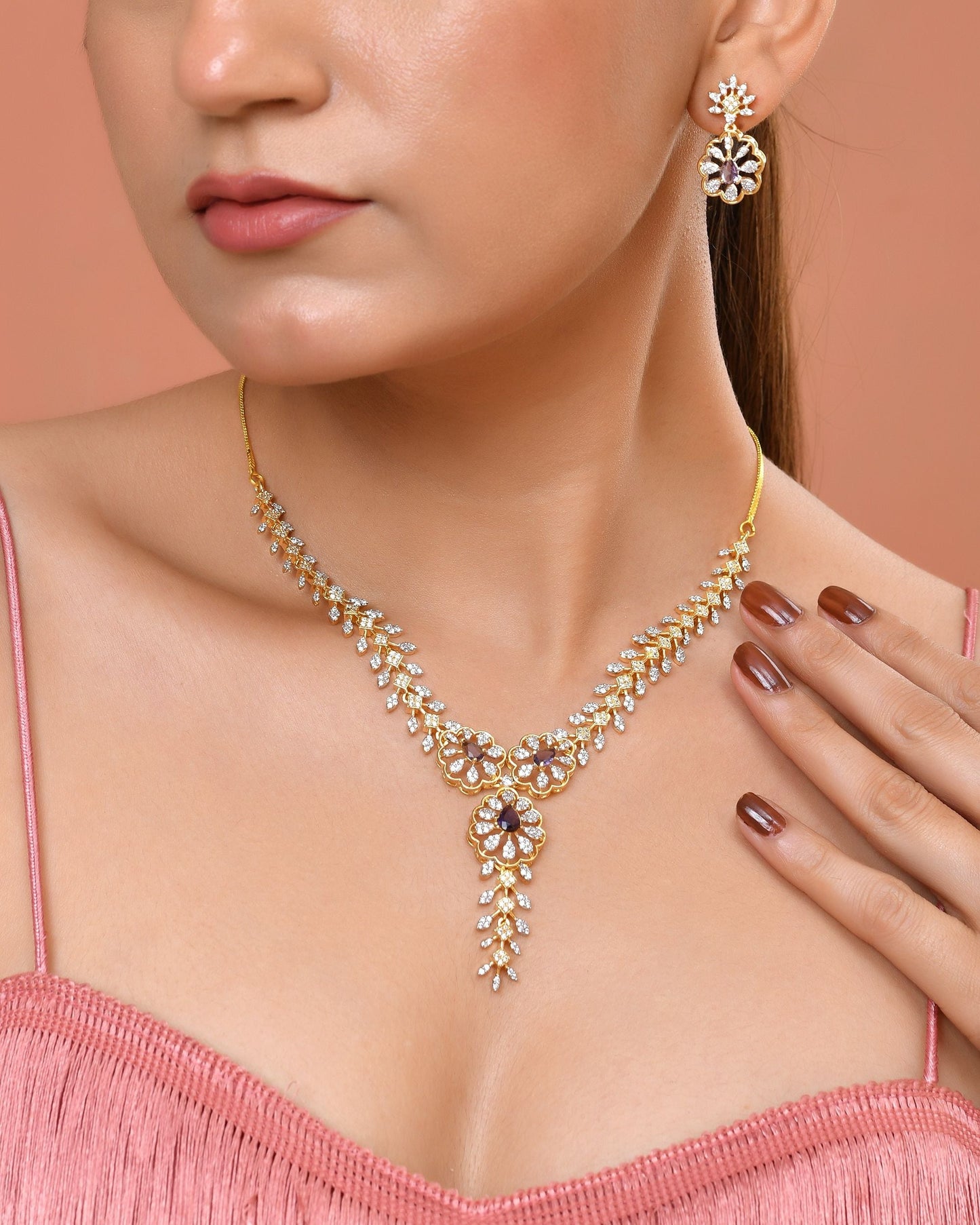 VOJ Gold Plated Lead Designed With Purple Stone Ad Jewellery Set