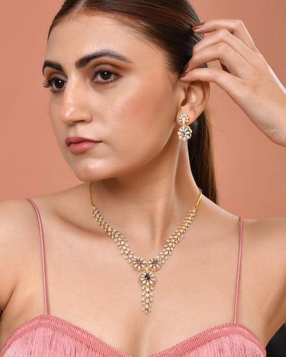 VOJ Gold Plated Lead Designed With Purple Stone Ad Jewellery Set