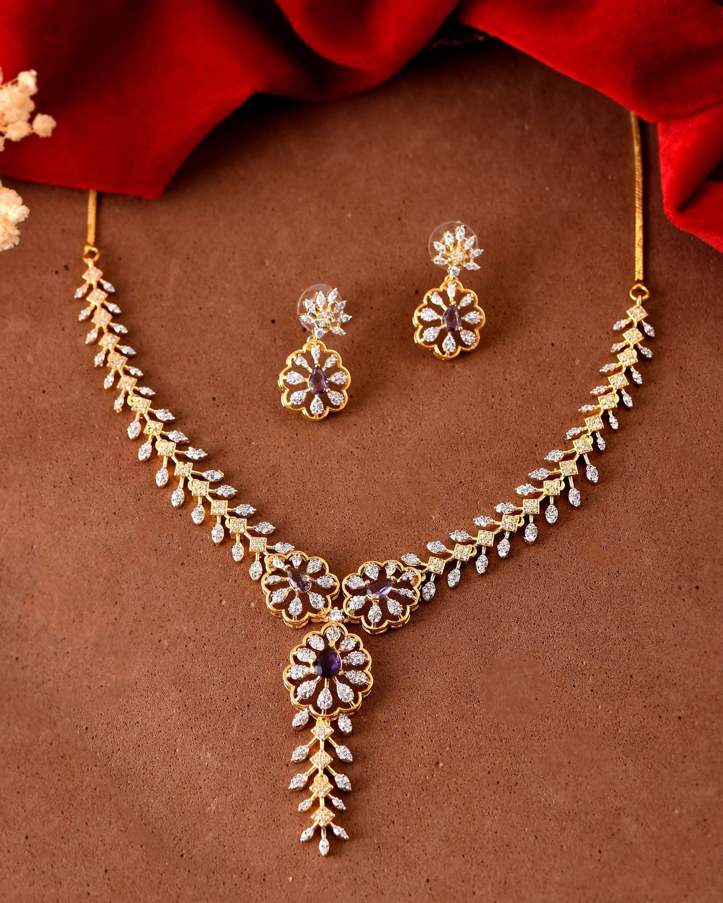 VOJ Gold Plated Lead Designed With Purple Stone Ad Jewellery Set