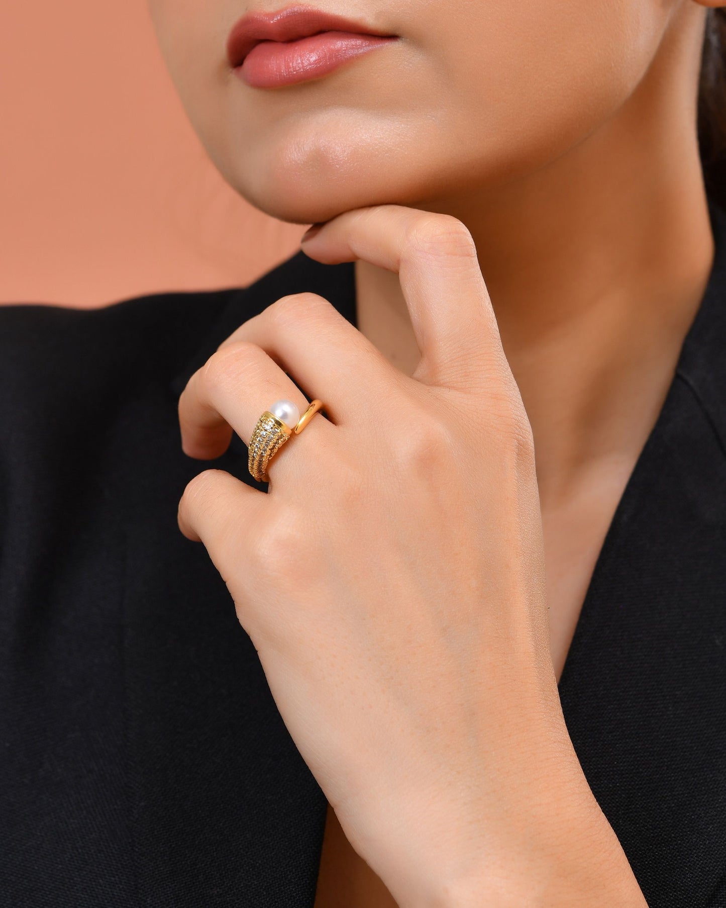 VOJ Gold Plated Anti Tarnish Pearl And Ad Stone Studded Ring For Women