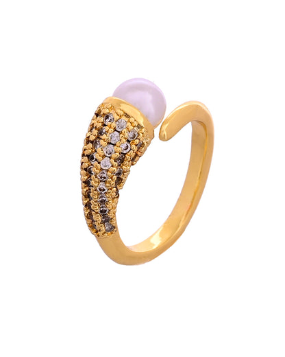VOJ Gold Plated Anti Tarnish Pearl And Ad Stone Studded Ring For Women
