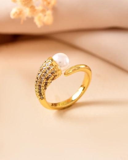 VOJ Gold Plated Anti Tarnish Pearl And Ad Stone Studded Ring For Women