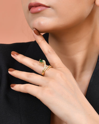 VOJ Gold Plated Snake Design Ad Ring With Green Stone