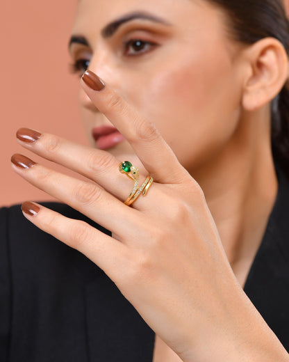 VOJ Gold Plated Snake Design Ad Ring With Green Stone