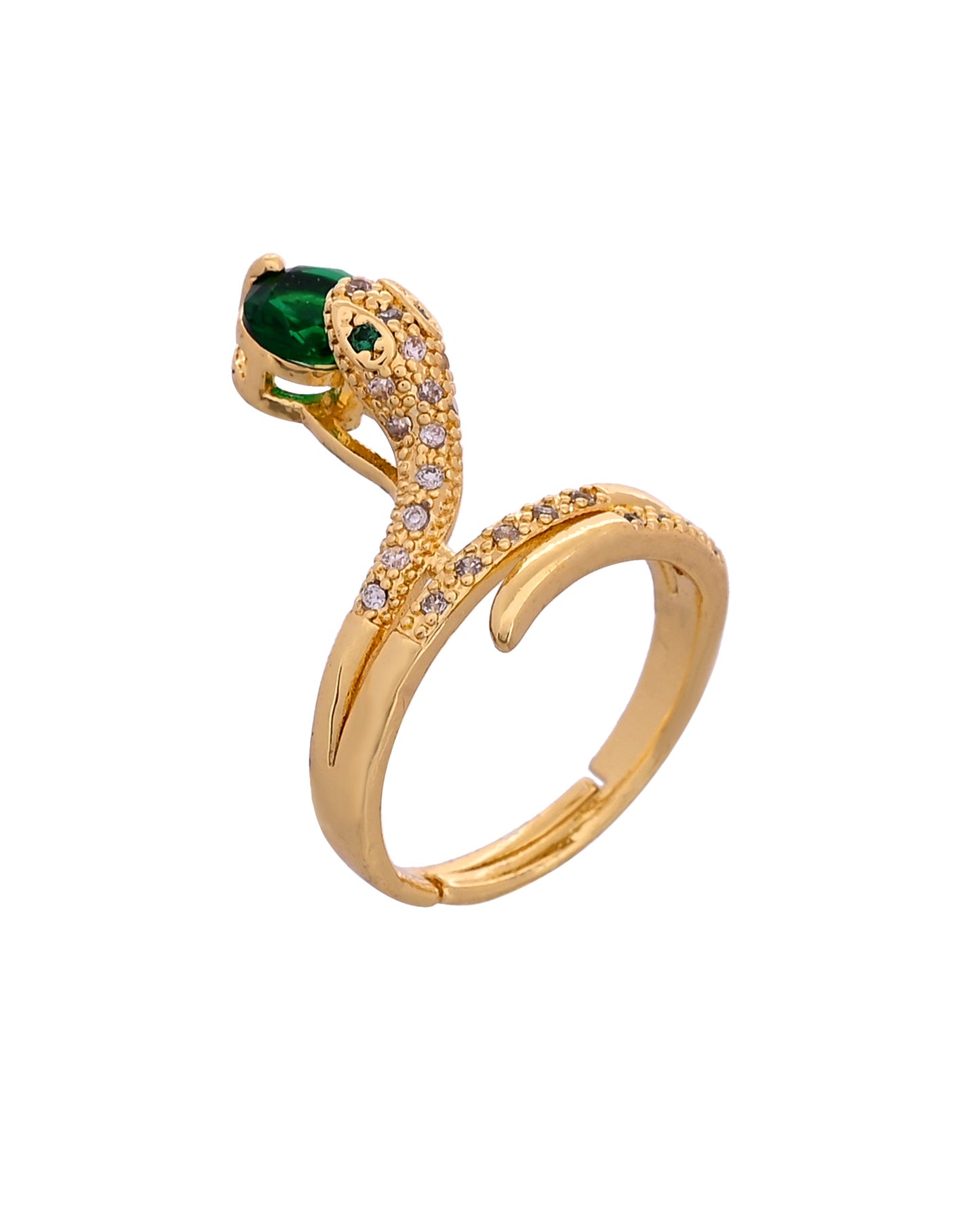 VOJ Gold Plated Snake Design Ad Ring With Green Stone