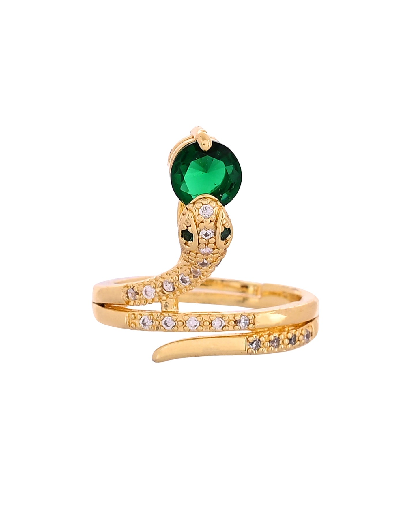 VOJ Gold Plated Snake Design Ad Ring With Green Stone