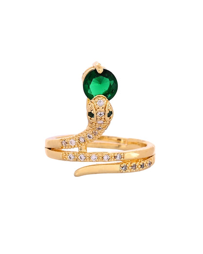 VOJ Gold Plated Snake Design Ad Ring With Green Stone