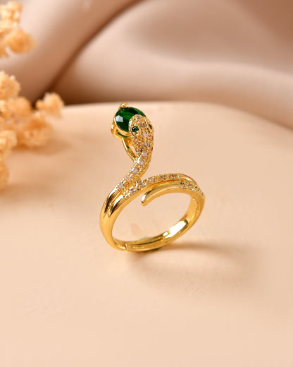 VOJ Gold Plated Snake Design Ad Ring With Green Stone