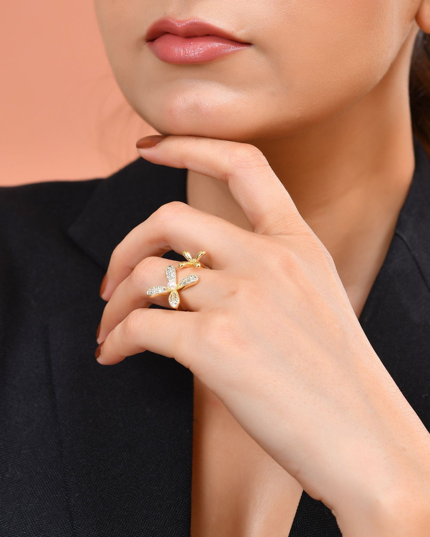 VOJ Gold Toned Floral Designed Adjustable Ring With Ad Stones