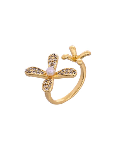 VOJ Gold Toned Floral Designed Adjustable Ring With Ad Stones