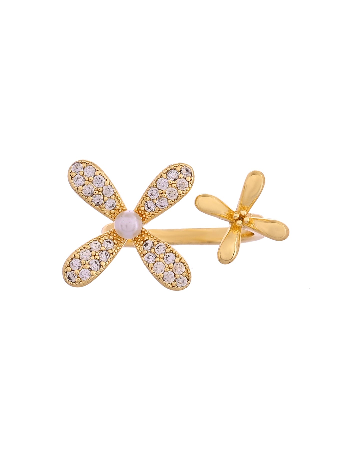 VOJ Gold Toned Floral Designed Adjustable Ring With Ad Stones