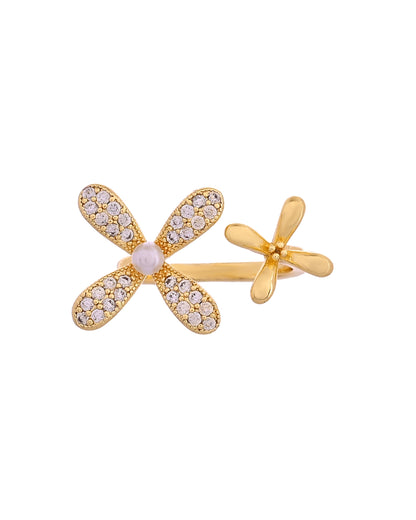 VOJ Gold Toned Floral Designed Adjustable Ring With Ad Stones