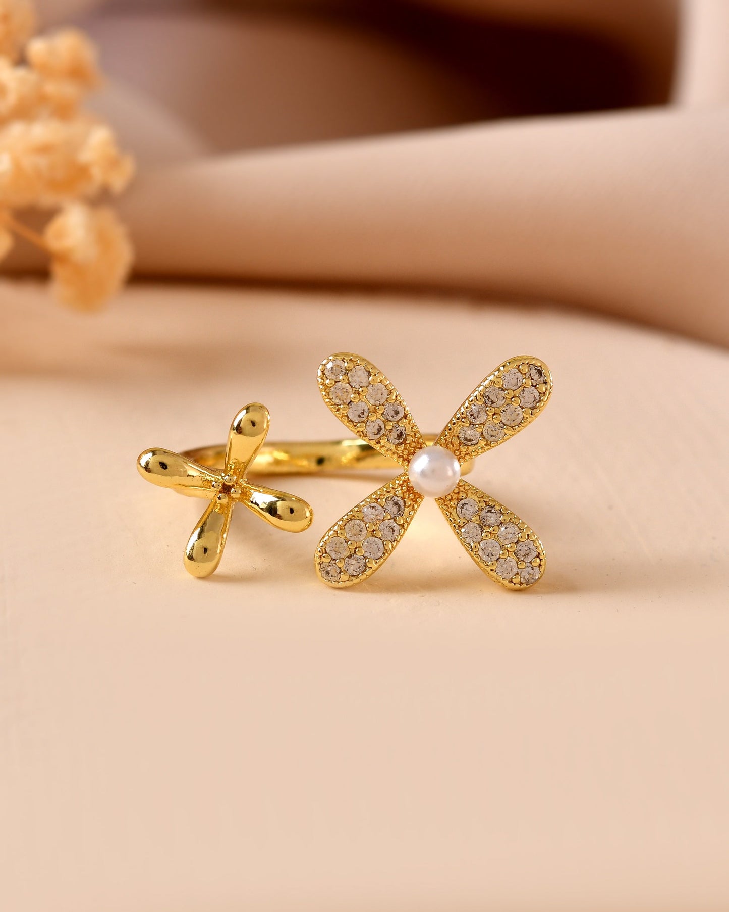 VOJ Gold Toned Floral Designed Adjustable Ring With Ad Stones