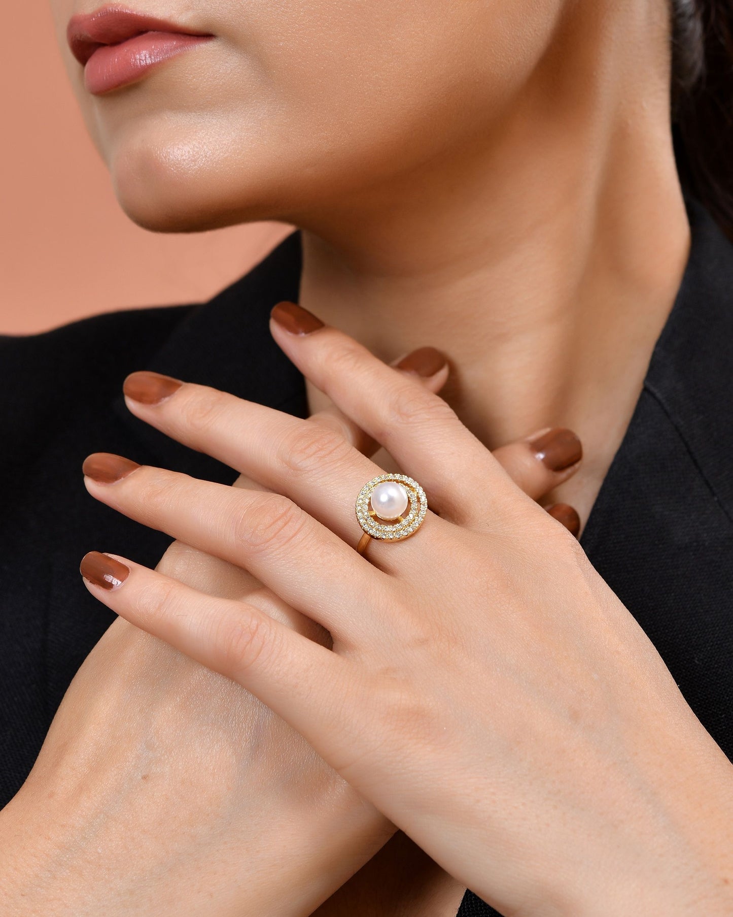 VOJ Gold Plated Pearl Studded Ring With Ad Stones