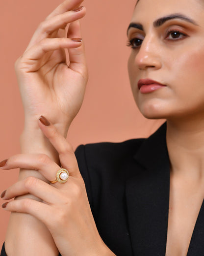 VOJ Gold Plated Pearl Studded Ring With Ad Stones