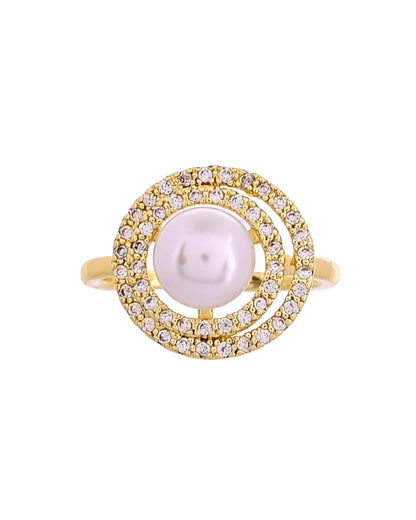 VOJ Gold Plated Pearl Studded Ring With Ad Stones