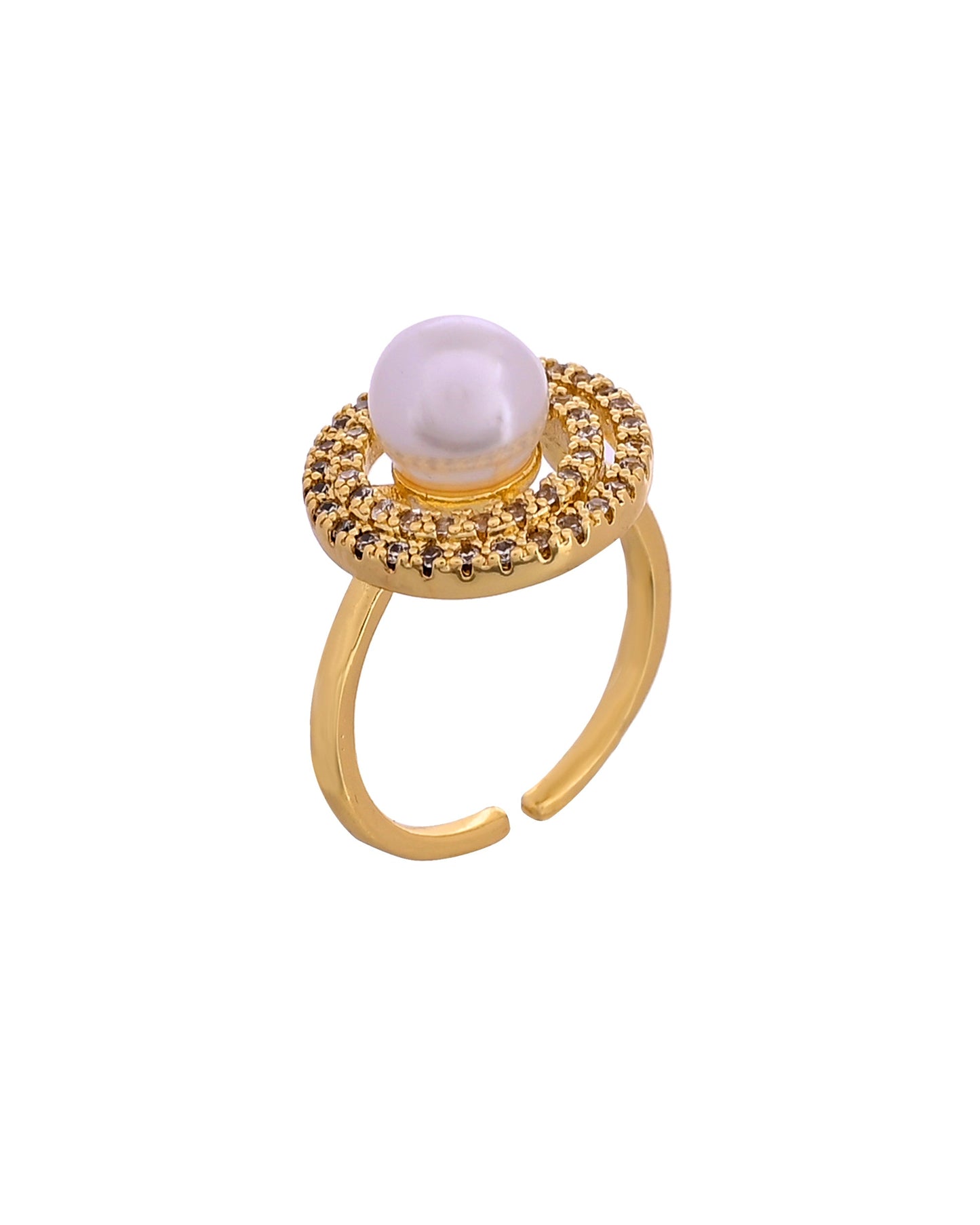 VOJ Gold Plated Pearl Studded Ring With Ad Stones