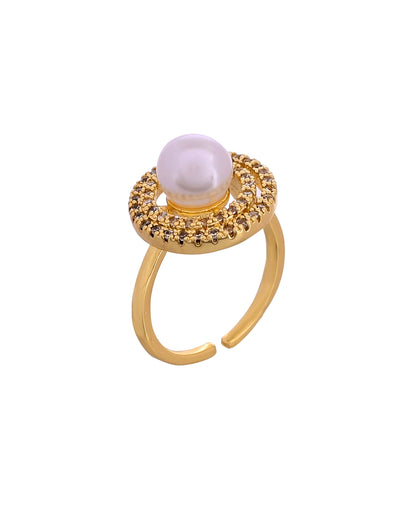 VOJ Gold Plated Pearl Studded Ring With Ad Stones