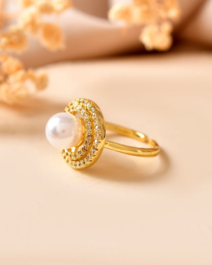 VOJ Gold Plated Pearl Studded Ring With Ad Stones