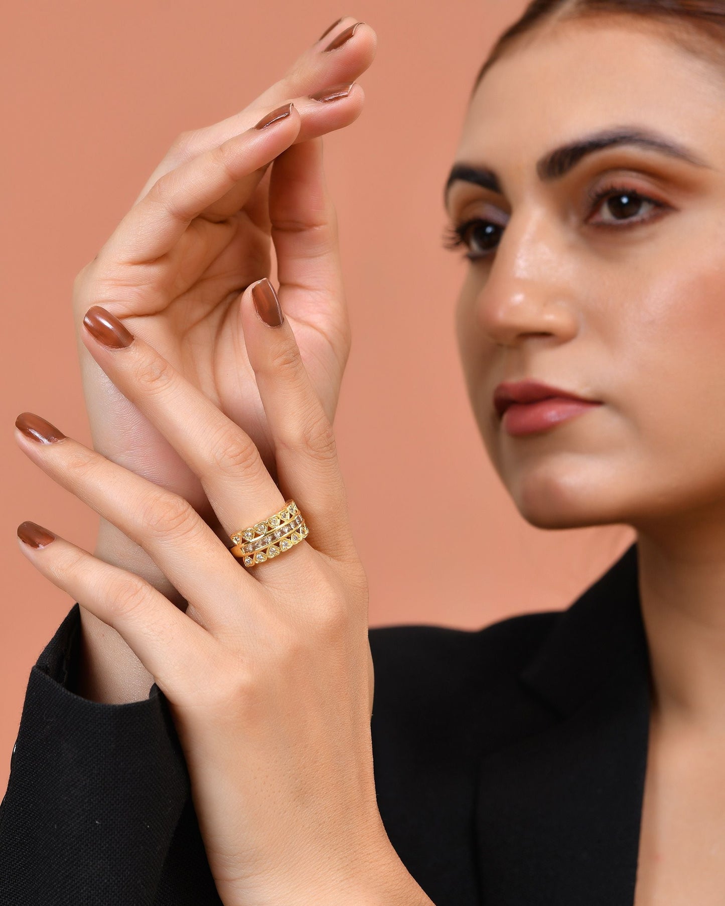 VOJ Gold Plated Ad Stone Studded Heart Designed Adjustable Ring