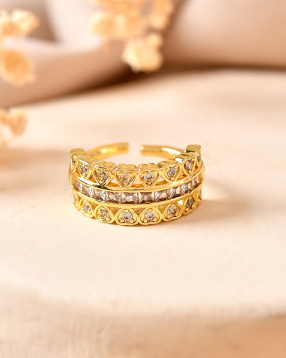VOJ Gold Plated Ad Stone Studded Heart Designed Adjustable Ring