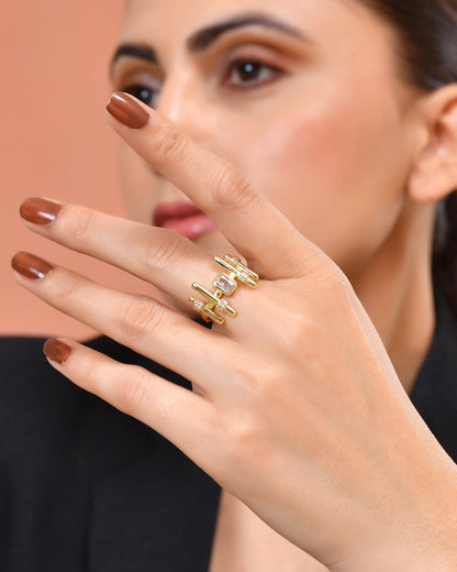 VOJ Gold Plated Stone Studded Adjustable Ring For Women