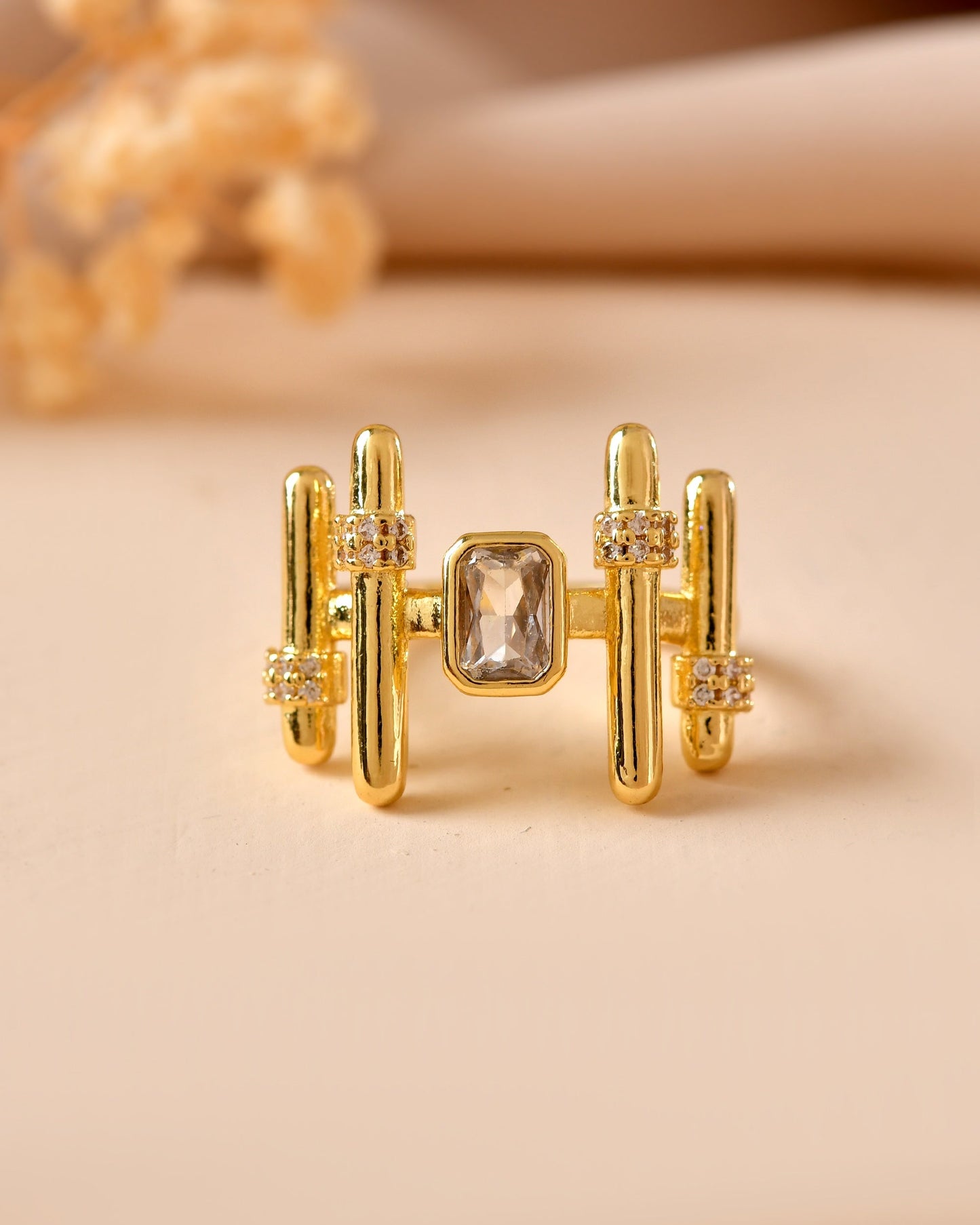 VOJ Gold Plated Stone Studded Adjustable Ring For Women