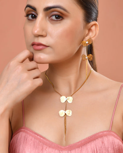 VOJ Gold-Toned Butterfly Design Pendant Necklace With Tassel Earrings Set