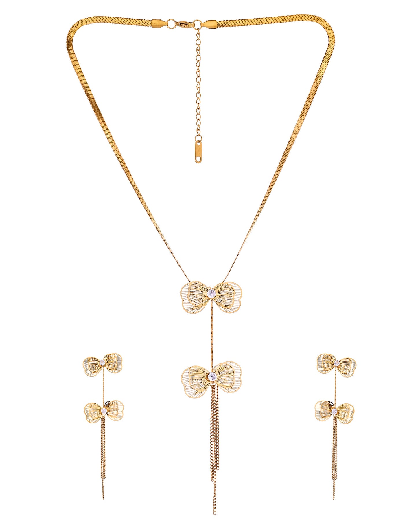 VOJ Gold-Toned Butterfly Design Pendant Necklace With Tassel Earrings Set