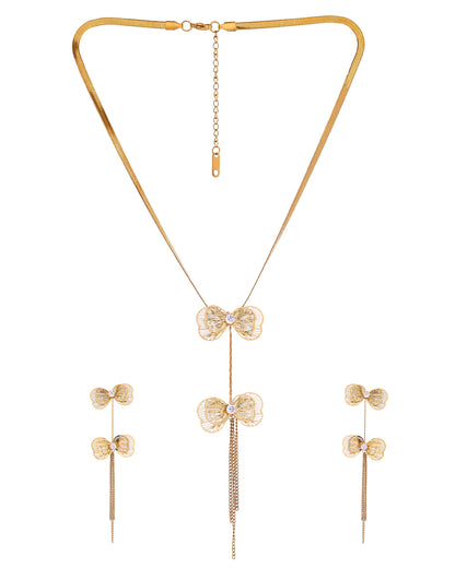VOJ Gold-Toned Butterfly Design Pendant Necklace With Tassel Earrings Set
