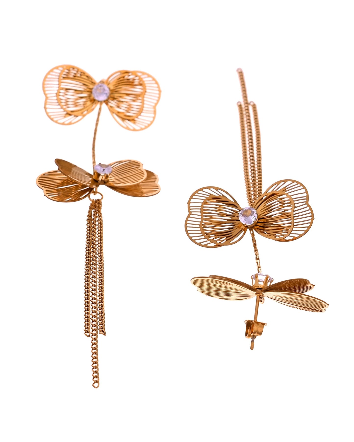 VOJ Gold-Toned Butterfly Design Pendant Necklace With Tassel Earrings Set
