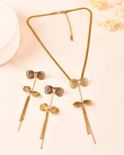 VOJ Gold-Toned Butterfly Design Pendant Necklace With Tassel Earrings Set