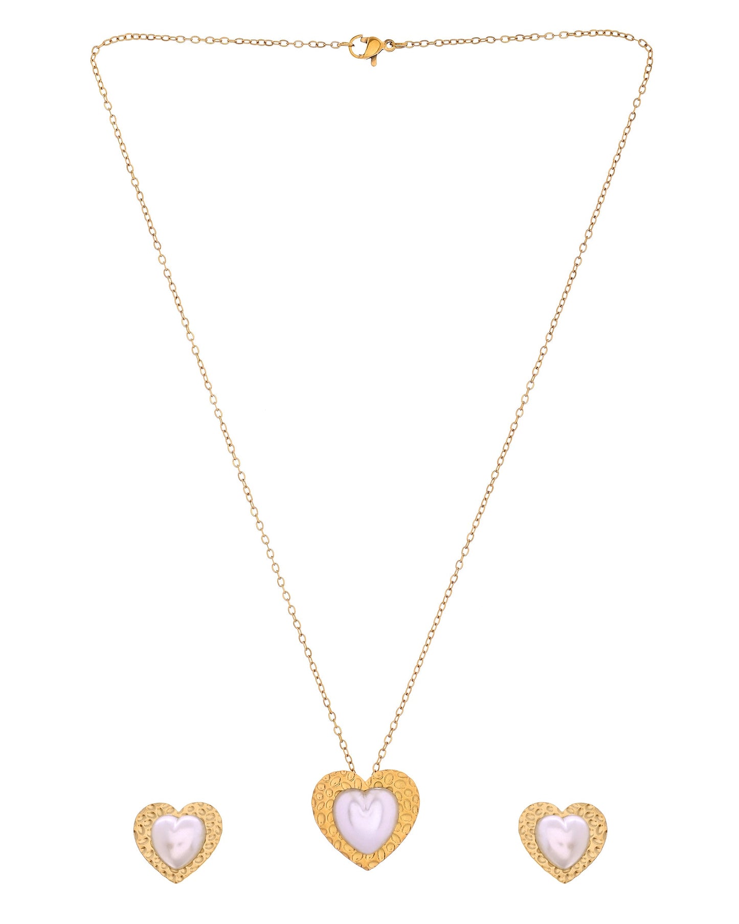 VOJ Gold Toned Pearl Studded Heart Shaped Pendant And Earrings With Chain Set