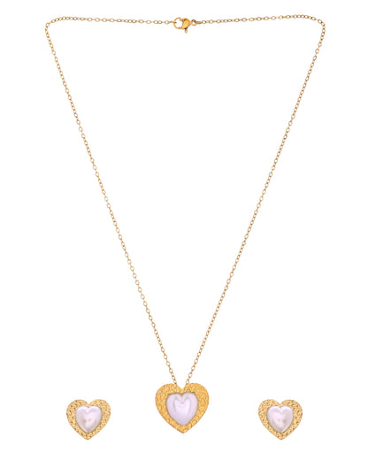 VOJ Gold Toned Pearl Studded Heart Shaped Pendant And Earrings With Chain Set