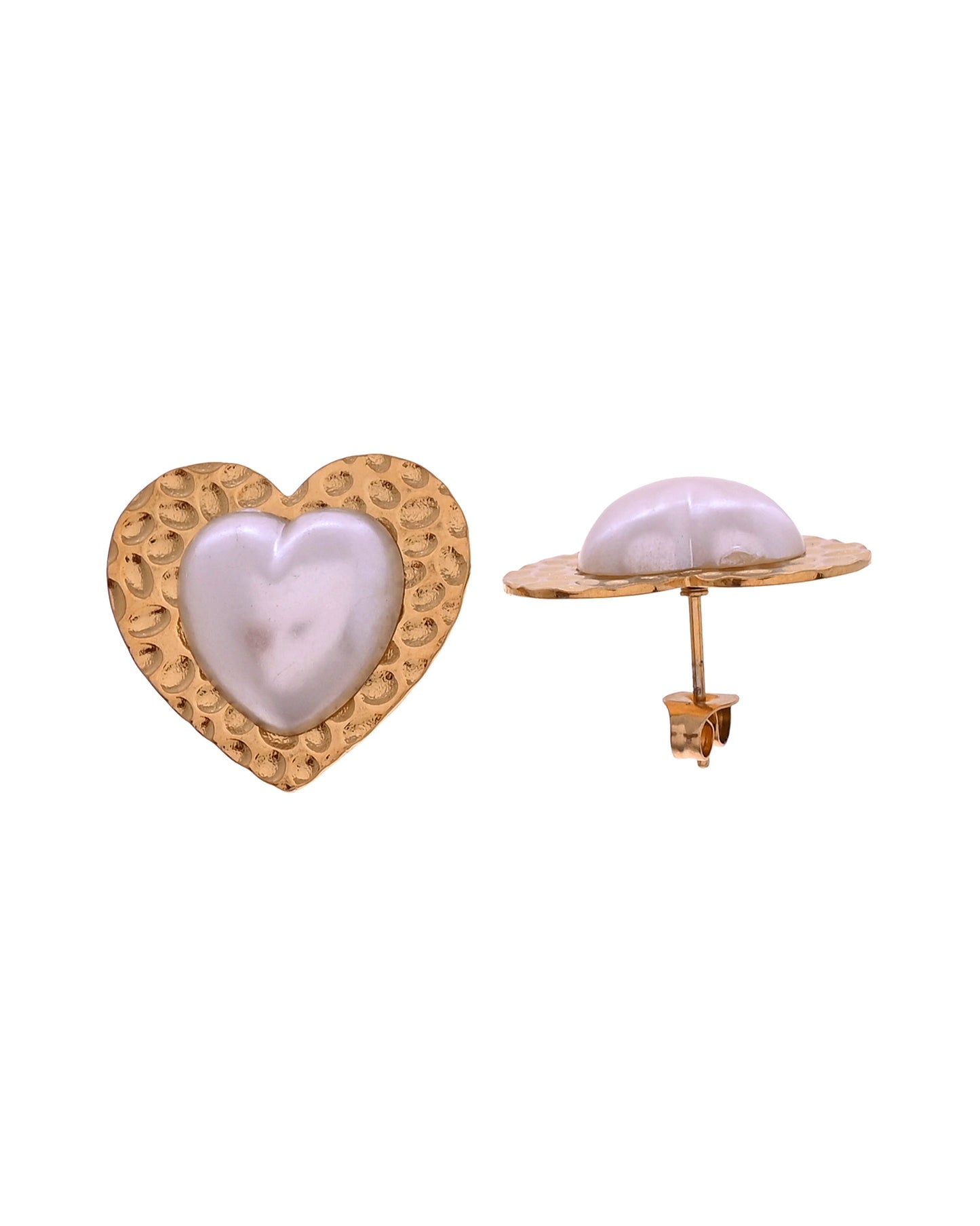 VOJ Gold Toned Pearl Studded Heart Shaped Pendant And Earrings With Chain Set