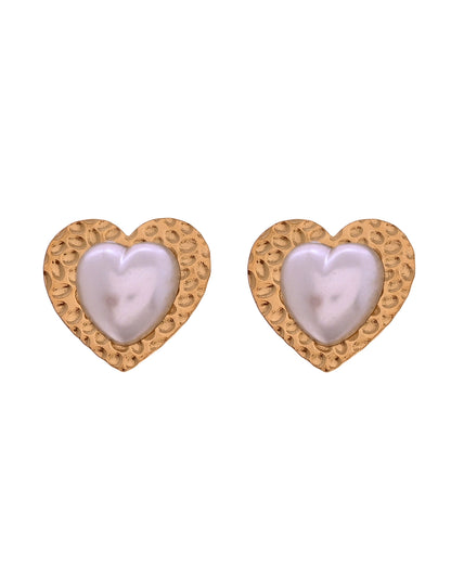 VOJ Gold Toned Pearl Studded Heart Shaped Pendant And Earrings With Chain Set